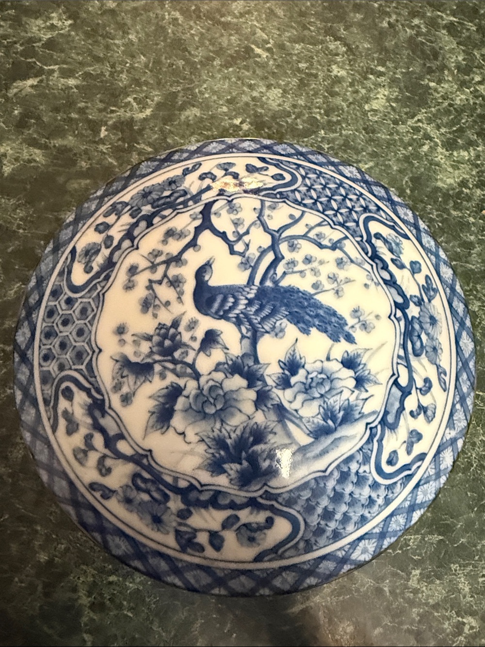 Japanese Andrea by Sadek Blue Peacock collection porcelain bowl with lid